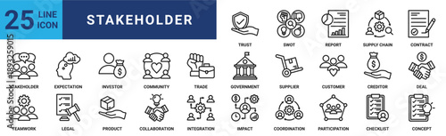 Stakeholder icon set. Containing investor, community, trade, government, supplier, customer, creditor and more. Outline vector icons collection