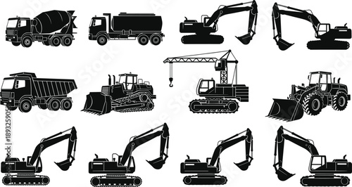 Black silhouette construction vehicles icons set featuring excavator, bulldozer, concrete mixer truck, crane, dump truck and heavy machinery for civil engineering building projects and industry,