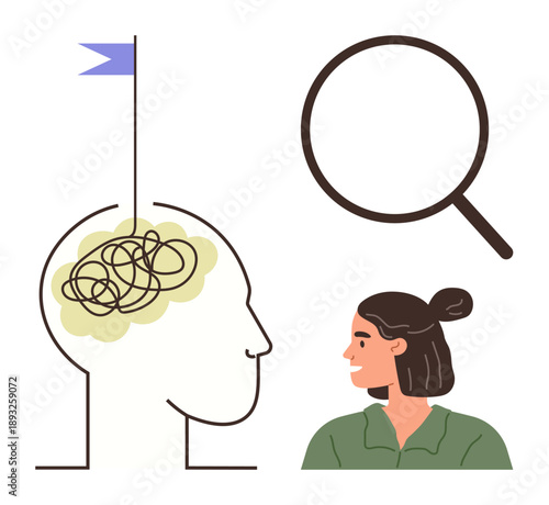 Mental health, critical thinking, self-awareness, therapy, emotional well-being, problem-solving. Tangled thoughts in a brain, magnifying glass and woman. Mental health and self-awareness concepts