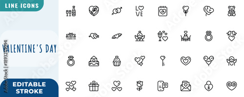 valentine's day icon set. Editable Stroke Vector Set. Line Icon.
