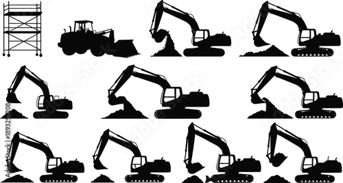 Black silhouette excavator and backhoe loader icons set featuring heavy construction earthmoving equipment for civil engineering building projects, industrial machine design, and scaffolding