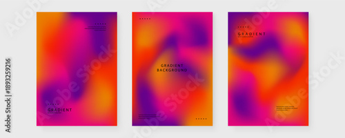 A collection of three vertical posters featuring soft blurry mesh gradients in warm pink purple and orange tones for modern branding