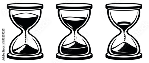 Bold line art hourglass set featuring different stages of sand falling for time measurement concepts