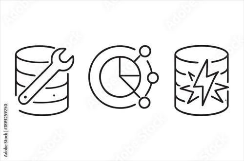 Three line art icons representing database maintenance monitoring and potential data loss high quality
