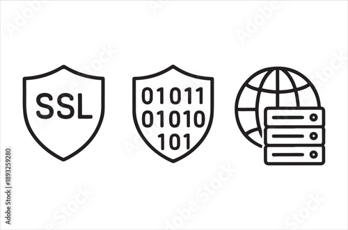 Security icons depicting ssl binary code and a server with a globe in linear style
