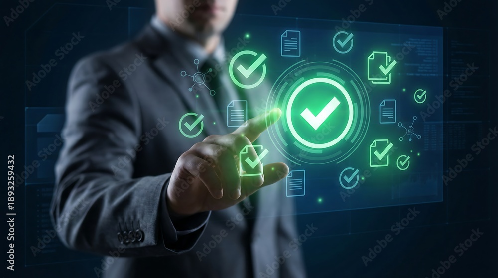 Obraz premium A businessman interacts with a futuristic holographic display of green checkmarks and data symbols suggesting successful verification high quality professional detailed modern