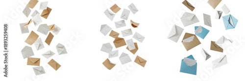 : Collection of Various Envelopes and Mail Correspondence Falling and Floating Isolated on White Background