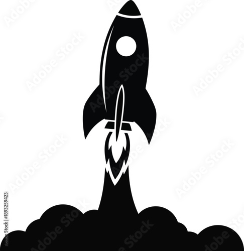 Black Rocket Launching Into Space with Flame and Clouds Illustrating Motion and Adventure