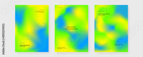 A series of three vertical posters featuring energetic lime green and sky blue mesh gradients for summer and fresh branding