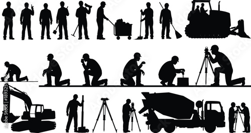 Construction workers and heavy machinery silhouettes set, engineering surveyors, builders with tools, excavator, cement truck, bu