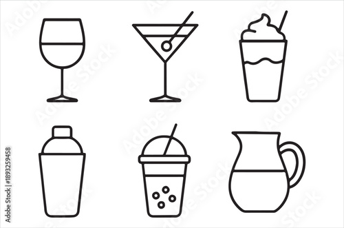 A collection of black and white line art depicting various alcoholic and non alcoholic beverages