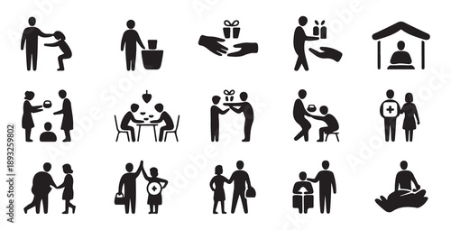 Social support and community aid vector icons collection representing charity and donations