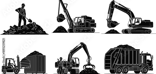 Industrial waste management silhouettes set, worker with shovel forklift and garbage truck icons, heavy machinery recycling collection for construction site design isolated on white.