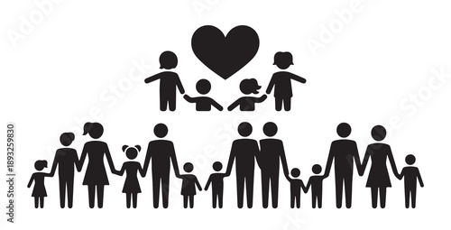 Family unity and togetherness vector icons depicting diverse groups holding hands with heart