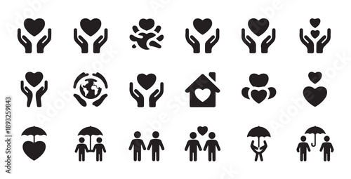 Heart and hands protection vector icons showing care kindness and love for social assistance