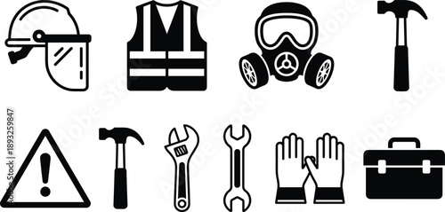 Construction safety equipment and protective tools set: hard hat with face shield, reflective vest, respirator mask, safety gloves, toolbox, hammer and wrench icons