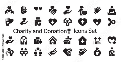 Charity and donation icons set featuring heart symbols hands and medical help representations