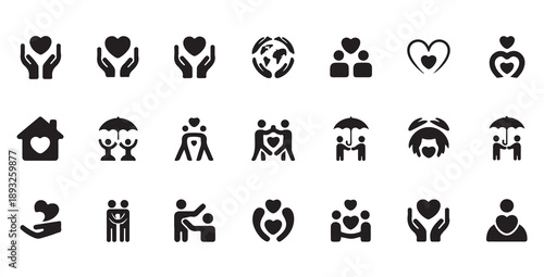 Charity and care solid icons set, vector illustration concept for social help