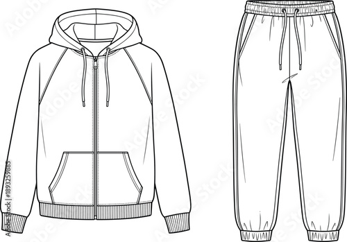Casual sportswear tracksuit illustration: zip up hoodie sweatshirt and jogger pants set, modern streetwear fashion outline, apparel technical drawing vector