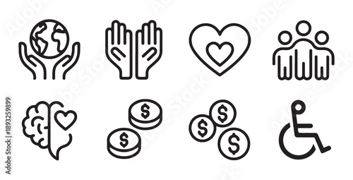 Charity and care line icons set, vector illustration concept for social help
