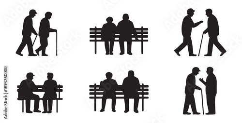 Elderly people silhouettes walking with canes and sitting on park benches in various poses