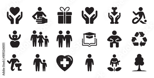 Set of 15 black and white icons illustrating concepts of care, family, education, and nature