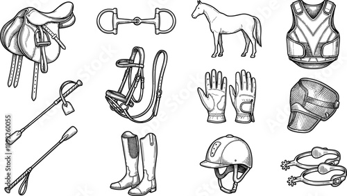 Equestrian equipment hand drawn illustration set with saddle, bridle, helmet, boots and horse riding accessories, vintage line art for equine sports design