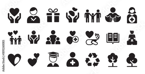 Set of 18 black and white icons for care, family, education, nature, and medical services