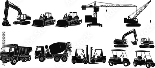 Set of construction machinery silhouettes including excavator, bulldozer, crane, dump truck, concrete mixer, forklift and golf cart icons for industrial design isolated on white