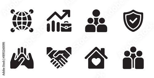 Social responsibility, business success, community support, security, care, partnership, home, and teamwork icons