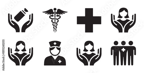Medical assistance and nursing care icons for hospital services healthcare and medication
