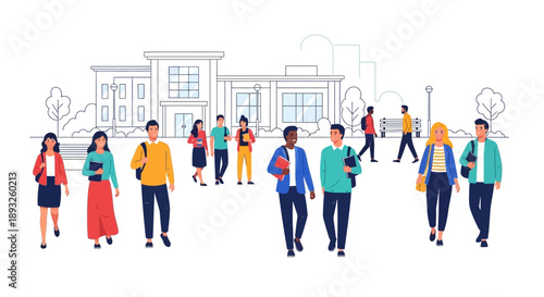 Diverse group of students walking on campus in front of a modern building, symbolizing education and college life