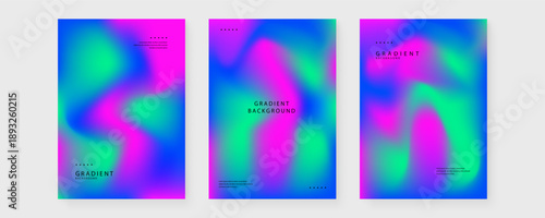 Three futuristic posters showcasing a high-contrast neon palette of cyan blue and magenta purple with blurry liquid transitions for high-tech aesthetic designs