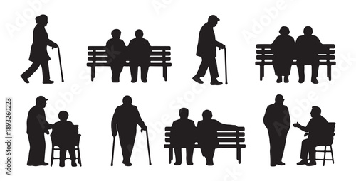 Senior citizens silhouettes set showing elderly people walking sitting and using equipment