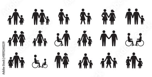 People and family black vector icon set, parents, children, different types of families
