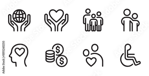 Social responsibility and global support icon set, people care and financial help