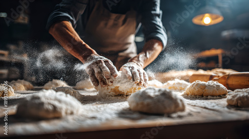 Baker hands kneading fresh dough with flour on a wooden table
