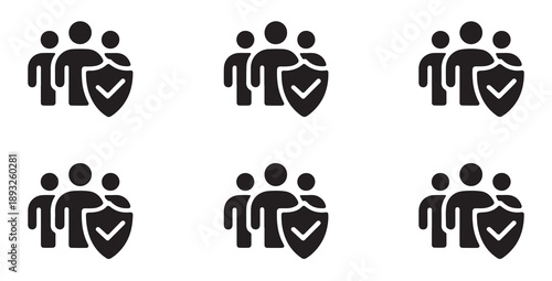 People protection icon set, group of individuals with shield, security and safety concept