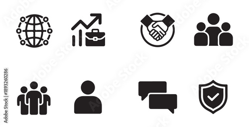 Global network, business growth, partnership, team, communication and security icon set
