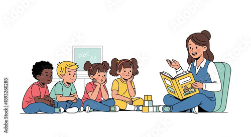 A caring teacher reads an engaging story to a diverse group of attentive young children, fostering early literacy, imagination, and a love for learning in a classroom setting