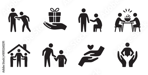 Set of eight icons representing helping hands community care and family support vector