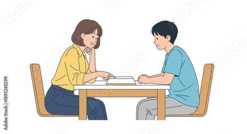 Teacher or Tutor Guiding Young Boy in a Personalized Study Session with Books - Focused Learning and Educational Development Assistance