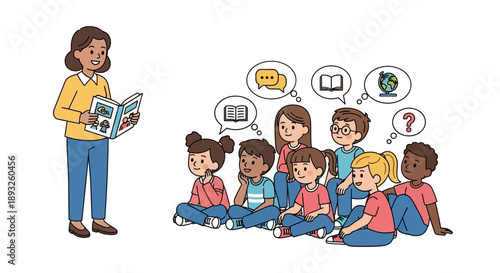 Illustration of a teacher reading a book to a diverse group of young students sitting on the floor, with thought bubbles above their heads representing learning and imagination