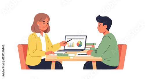 Experienced mentor guiding a student through financial data analysis and strategic planning, fostering educational growth and informed decision-making during a productive session