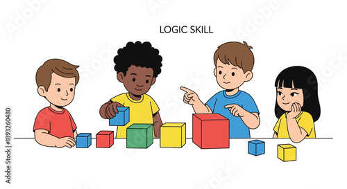 Children learning logic and problem-solving skills by playing with colorful building blocks, fostering cognitive development and critical thinking