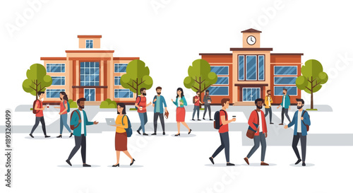 Diverse group of students walking around a college campus with academic buildings in the background