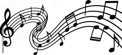 Abstract musical notes flowing on staff lines, treble clef melody wave design, black music symbol illustration for sound, rhythm and harmony concepts