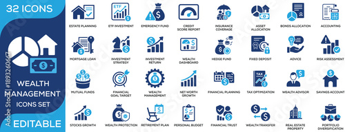 Wealth management solid icon set featuring investment, financial planning, savings, retirement, insurance, assets, and portfolio management. Clean flat vector icons for finance and wealth planning pro