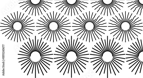 Abstract sunburst seamless pattern illustration with hand drawn radiant rays, minimal geometric sunshine background, black and white vector design
