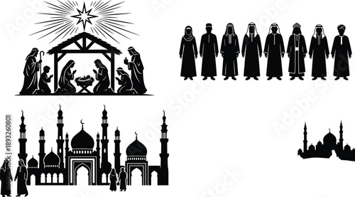 Religious silhouette illustration set featuring nativity scene, Islamic people figures and mosque architecture, spiritual faith symbols, black and white vector design